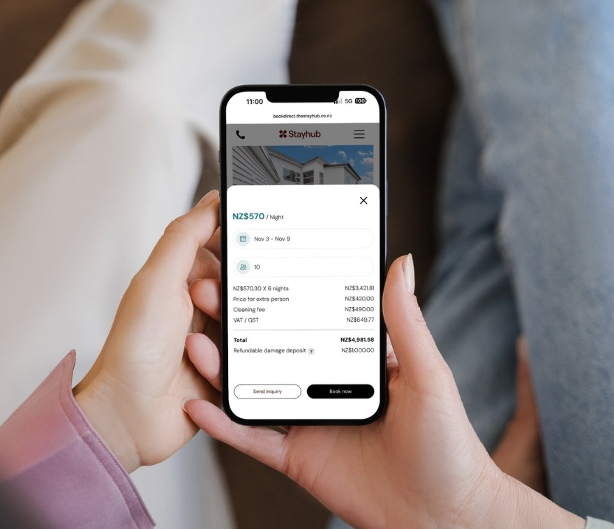 A Stayhub booking on a phone, showing the nightly rate, cleaning fee, GST and the total before anything is paid